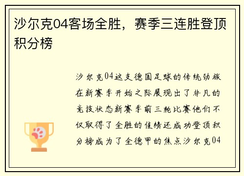 沙尔克04客场全胜,赛季三连胜登顶积分榜
