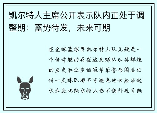 凯尔特人主席公开表示队内正处于调整期:蓄势待发,未来可期